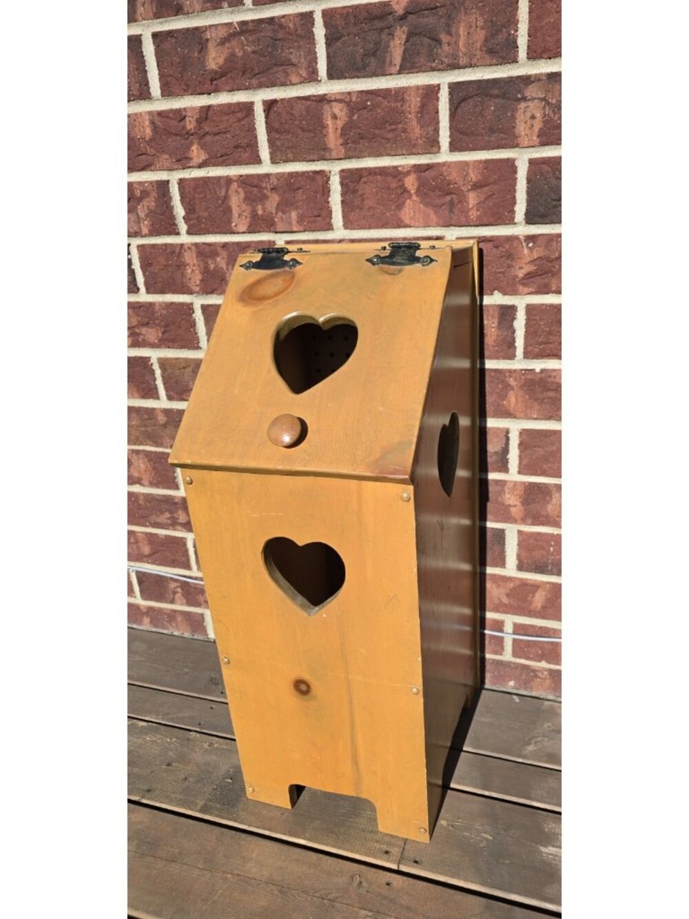 Vintage POTATO & ONION BIN Heart Hole Wooden  MCM  Rustic storage Cottage Core